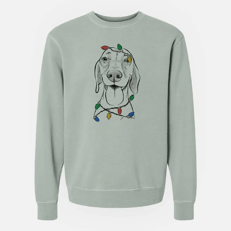 Christmas Lights Remington the Vizsla - Unisex Pigment Dyed Crew Sweatshirt Hoodie with Emblem Brand Identity