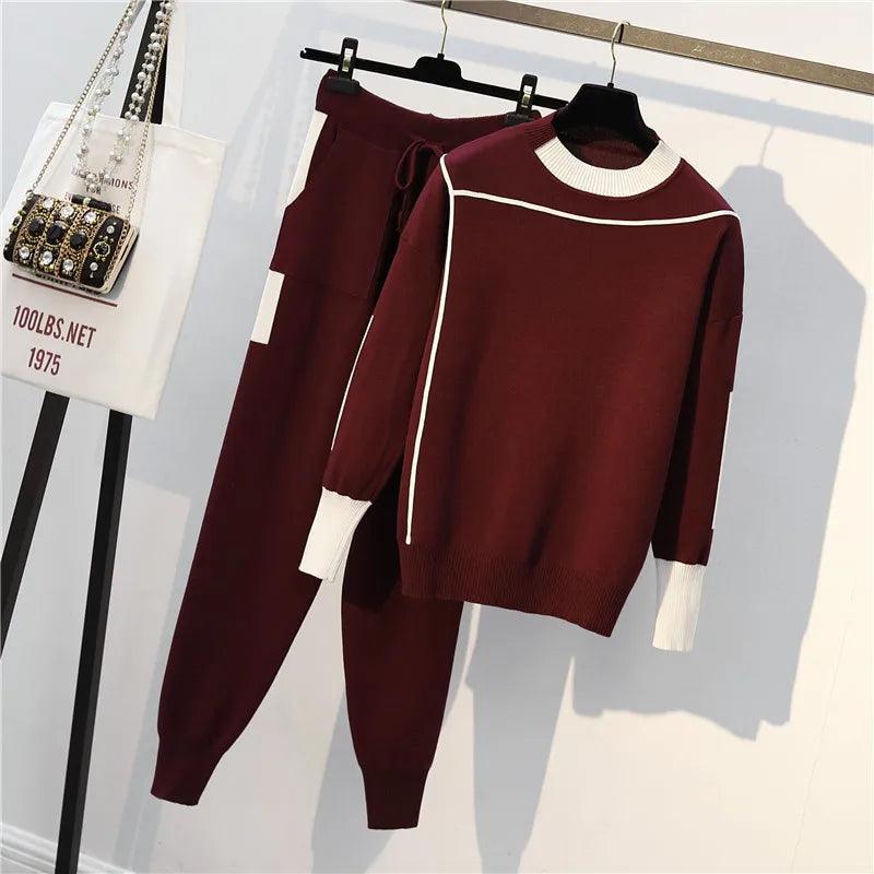Striped Knitted 2-Piece Women Sweater Set Zippered Front Buttoned Front Snap Front