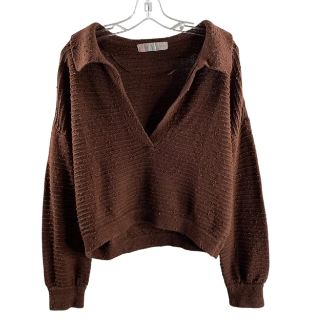 FREE PEOPLE Size SMALL Brown Collar Long Sleeve Cotton Blend SWEATER Notch Collar Peter Pan Collar Cowl Neck