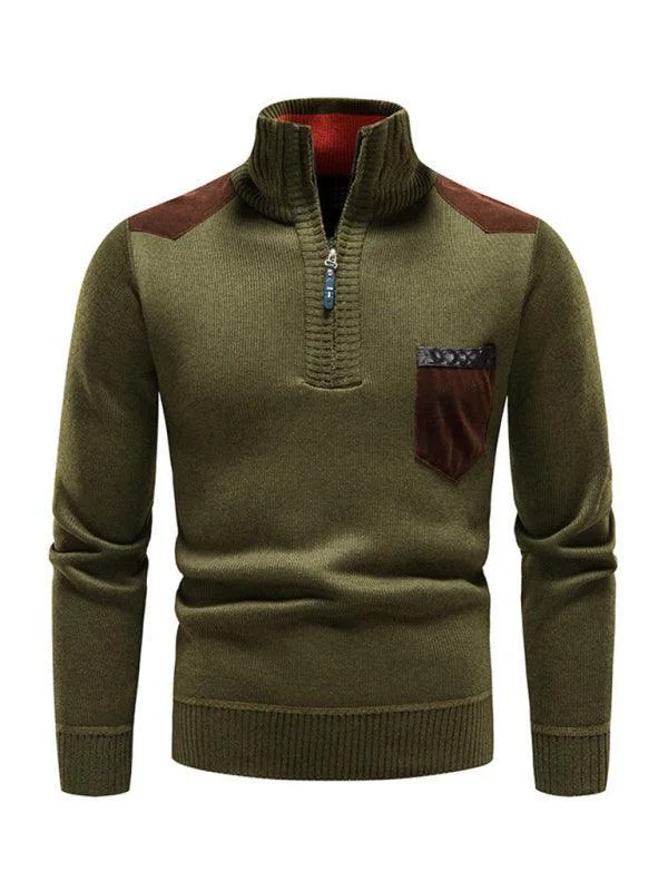 Stand-Up Collar Patchwork Zipper Men Turtleneck Sweater Chenille Blend Fleece Blend Nylon Blend