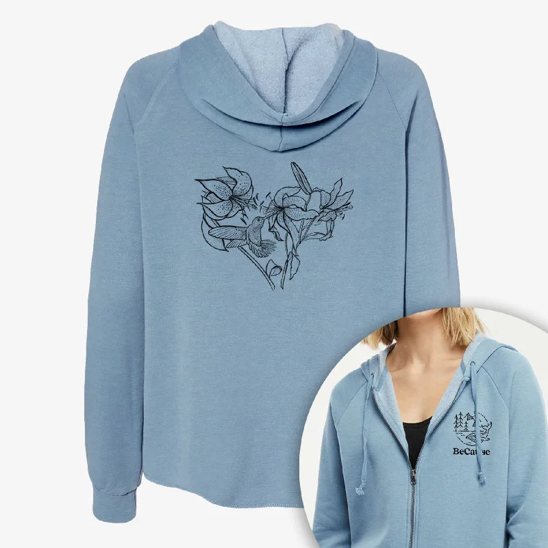 Hummingbird with Lillies Heart - Women's Cali Wave Zip-Up Sweatshirt Hoodie with Slit Hem Functional Movement