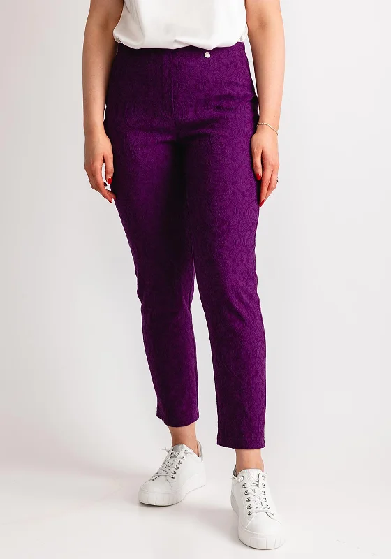 Robell Bella 09 Jacquard Slim Fit Trousers, Magenta Purple Trousers Office Stylish