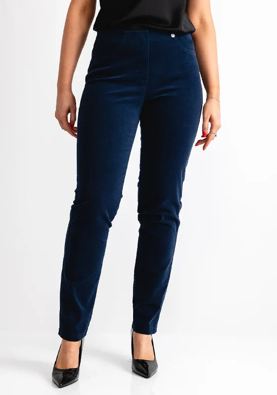 Robell Bella Cord Stretch Slim Leg Trousers, Navy Trousers Sale Discount