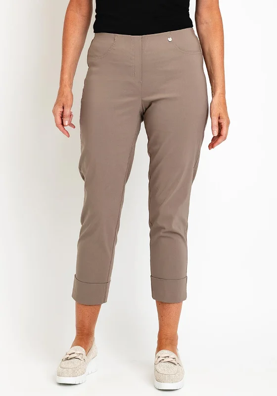 Robell Bella 09 Turn Up Ankle Grazer Trousers, Light Khaki Trousers Party Sparkling
