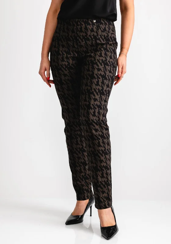 Robell Bella Houndstooth Slim Fit Trousers, Brown Trousers Vintage Classic