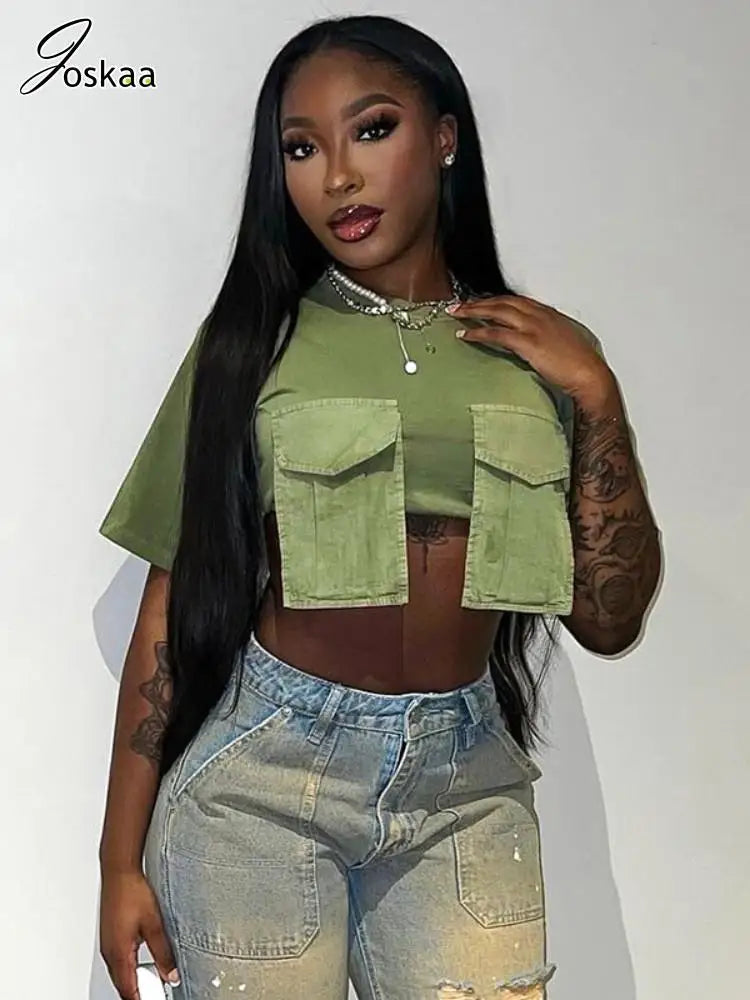 Joskaa Fashion Cargo Pockets Green T-Shirts Women Casual O-Neck Short Sleeve Slim Crop Tops 2024 Summer Female Tees Streetwear Boxy Fit Fitted Loose