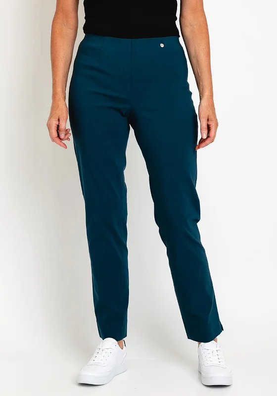 Robell Marie Full Length Slim Leg Trousers, Teal Trousers Yoga Stretchy