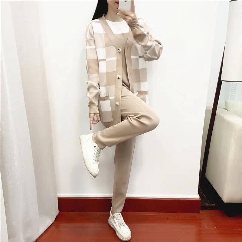 3-Piece Harem Pants Women Sweater Set Embroidered Appliqued Beaded