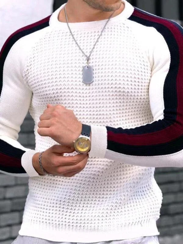 Geometric Round Neck Men Pullover Sweater Houndstooth Herringbone Solid