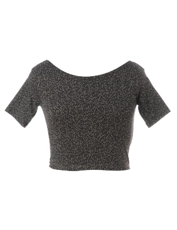 Leopard Print Label Low Back Crop Top Sequined Glittery Shiny