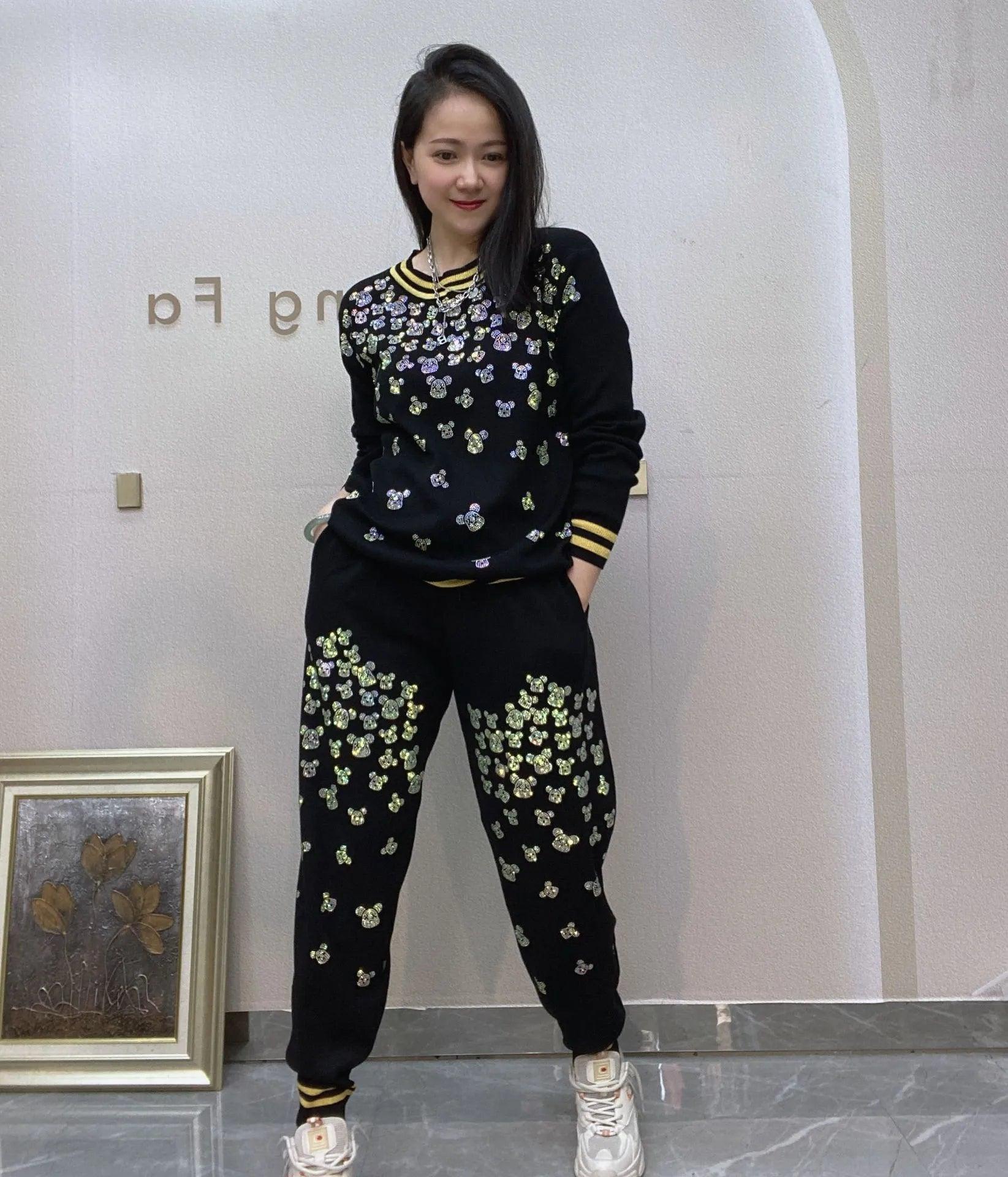 Casual Bear Women Pants Sweater Set Knit Fabric Woven Fabric Fleece Fabric