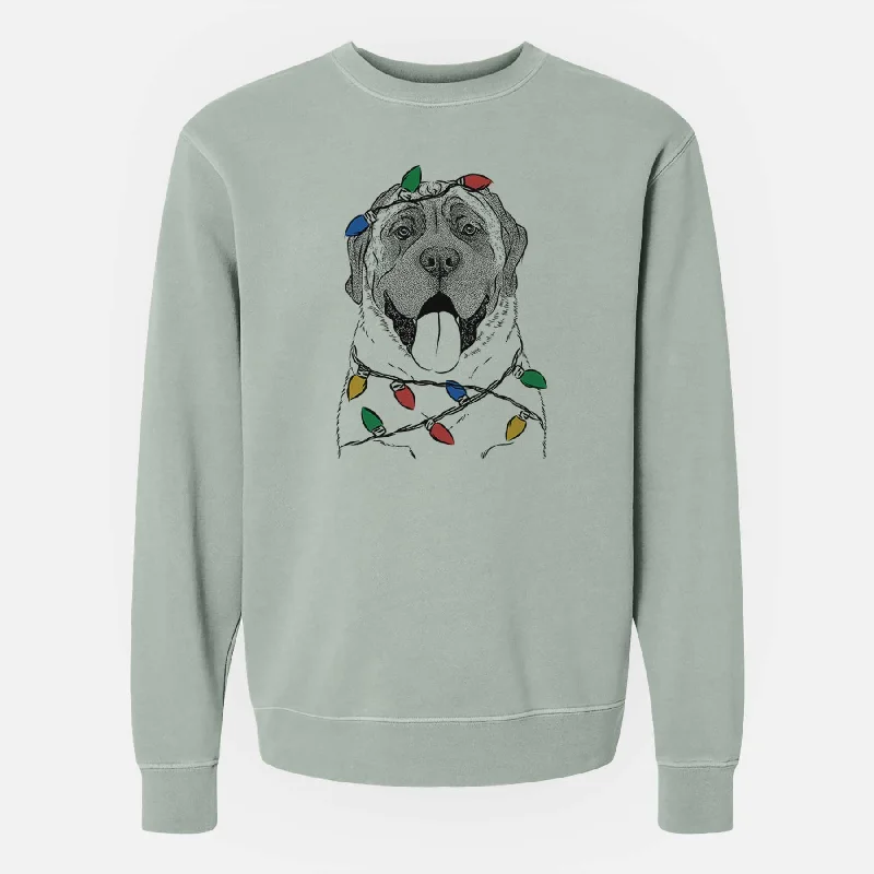 Christmas Lights Remmie the English Mastiff - Unisex Pigment Dyed Crew Sweatshirt Hoodie with Ribbed Cuffs Snug Fit Comfort