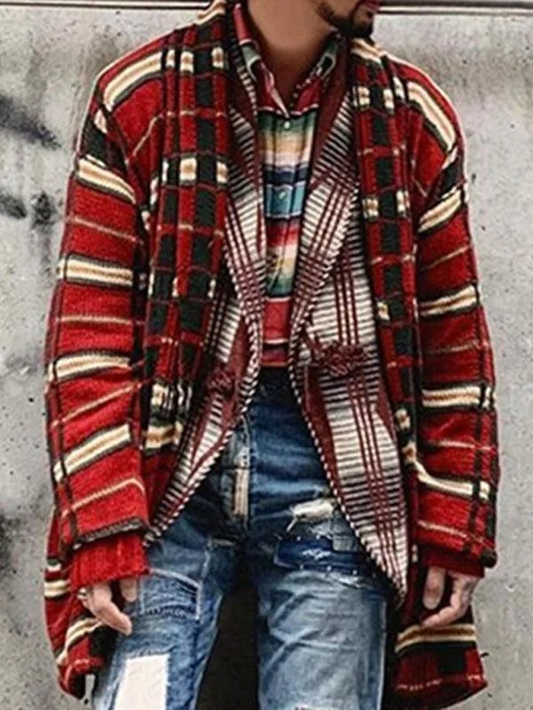 Long Plaid Knitted Men Cardigan Sweater Machine Wash Dry Clean Hand Wash