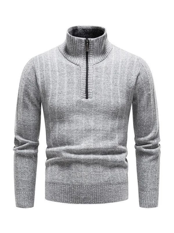 Stand Collar Zipper Men Pullover Sweater Ribbed Striped Patterned