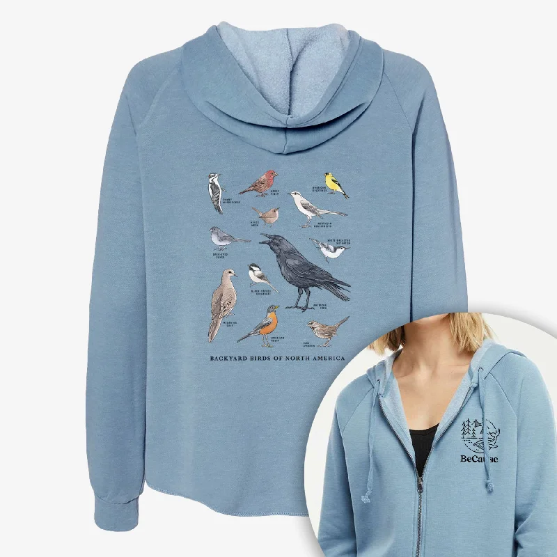 Common Backyard Birds of North America - Women's Cali Wave Zip-Up Sweatshirt Hoodie with Puffed Sleeves Voluminous Trendy