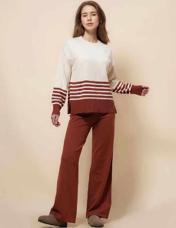 Ladies Stripe Color Block Sweater Pants 2PCS Set SKST41247 Tailored Straight A-Line