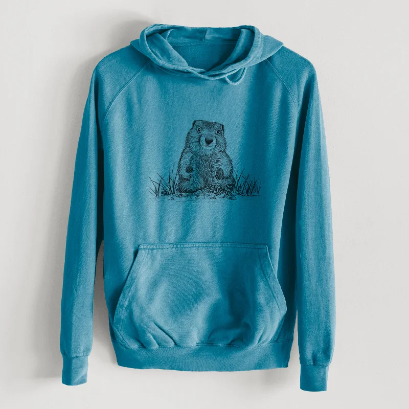 Groundhog - Marmota Monax  - Mid-Weight Unisex Vintage 100% Cotton Hoodie Hoodie with Mock Neck Collared Structured