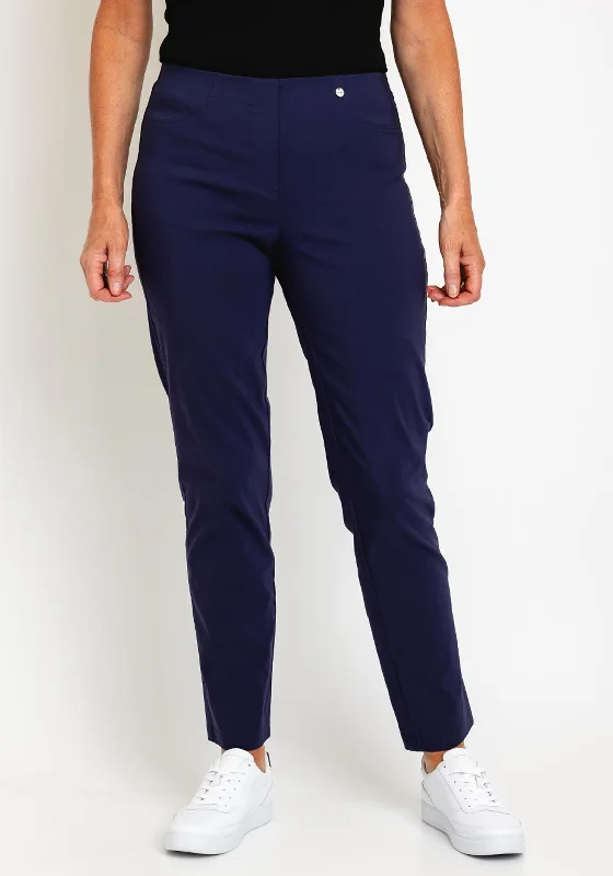 Robell Bella Full Length Slim Fit Trousers, Navy Blue Trousers Business Professional