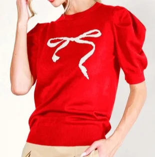 short sleeve puff bow sweater Casual Formal Business