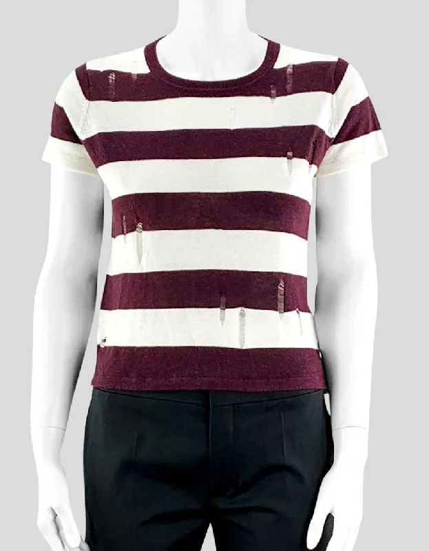 Enza Costa Burgundy Striped Sweater Short Sleeve X-Small Embroidered Appliqued Beaded