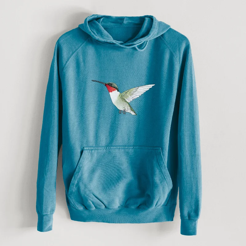 Vibrant Ruby-throated Hummingbird - Archilochus colubris  - Mid-Weight Unisex Vintage 100% Cotton Hoodie Hoodie with Batwing Sleeves Loose Dramatic