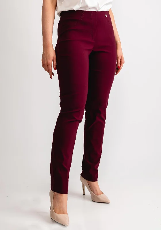 Robell Bella Full Length Stretch Trousers, Wine Trousers Striped Patterned