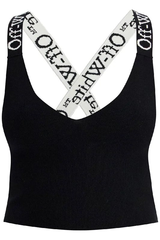 knitted crop top with branded straps OWHD011F24KNI001 BLACK - WHITE Modern Contemporary Chic