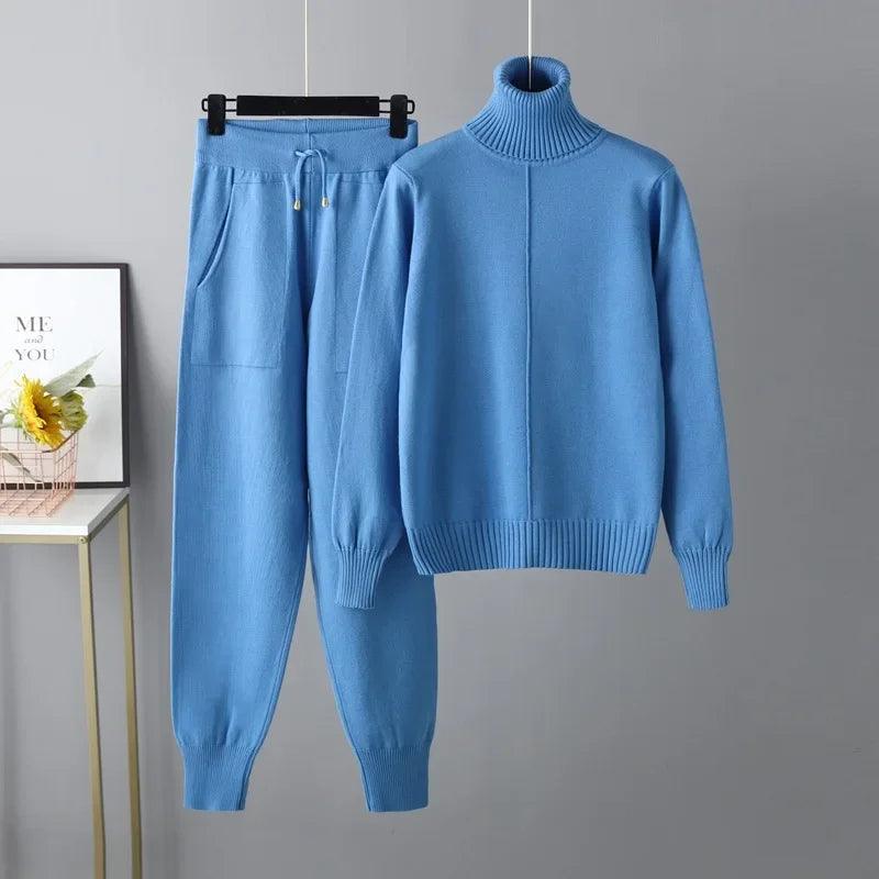 Women Turtleneck Harem Pants Sweater Set Cotton Fabric Linen Fabric Terry Fabric