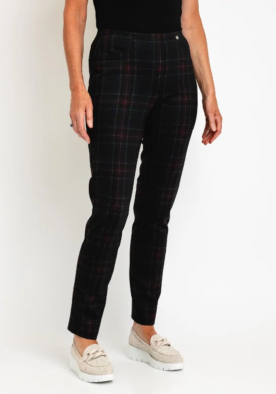 Robell Bella Full Length Slim Leg Plaid Trouser, Black Trousers Hiking Durable
