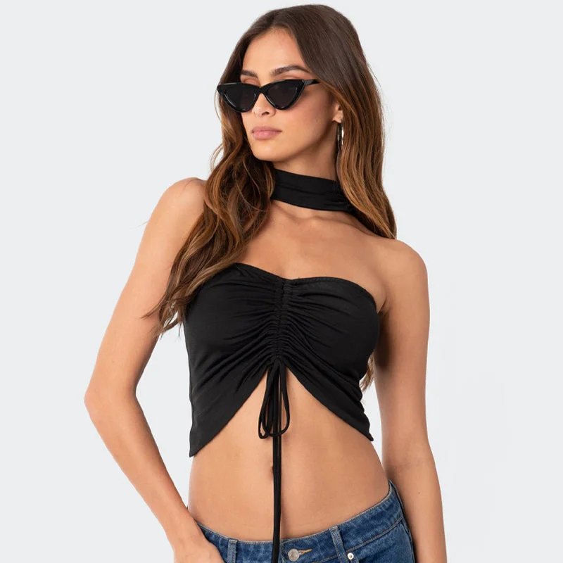 1234 Halter Sleeveless Ruched High Waist Crop Top Casual Women T Shirt 2023 New Fashion Spring Club Sexy American Clothing Handmade Hand-knitted Hand-woven