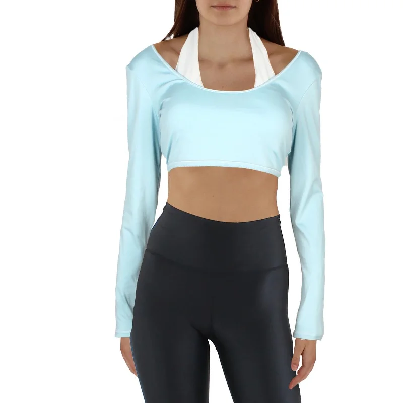 Womens Halter Long Sleeve Crop Top Zippered Front Buttoned Front Snap Front