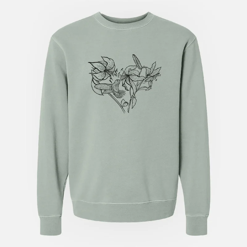 Hummingbird with Lillies Heart - Unisex Pigment Dyed Crew Sweatshirt Hoodie with Longline Fit Extended Stylish