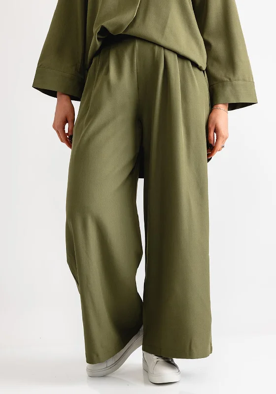 Serafina Collection Elasticated Wide Leg Trousers, Khaki Green Trousers Tapered Slim Fit