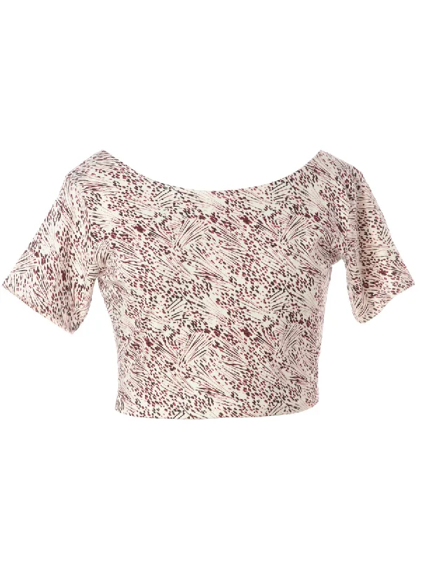 Label Patterned Low Back Crop Top Terry Blend Velvet Blend Canvas Blend