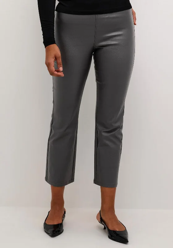 Kaffe Faux Leather Cropped Trousers, Grey Trousers Summer Linen