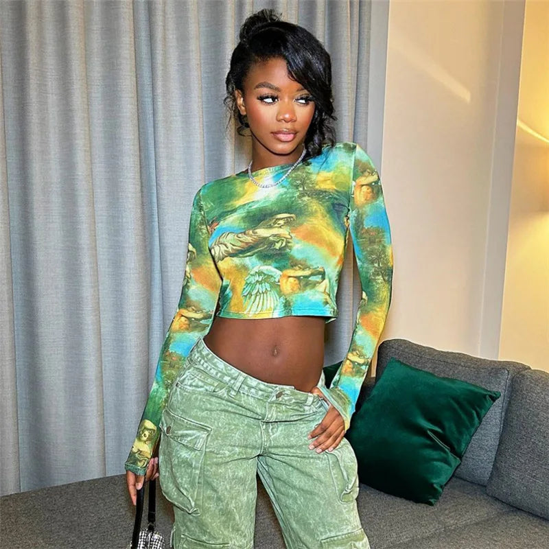 Bomblook D23TP283 New Fashion Crew Collar Print Crop Tops For Women Ladies Tops Top Sexy Modern Contemporary Chic