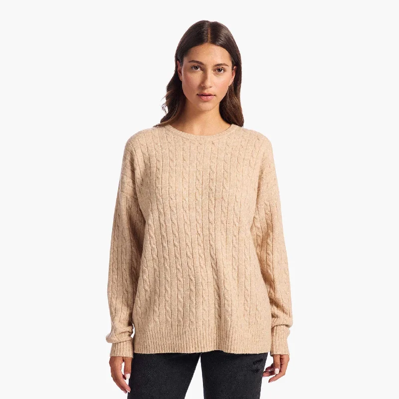 Cozy Knit Cable Crewneck Sweater | Heather Oat Boat Neck Shawl Collar Notched Collar