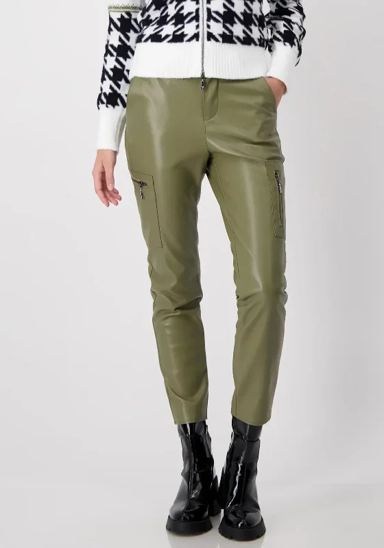 Monari Faux Leather Cargo Trousers, Green Trousers sophisticated sleek