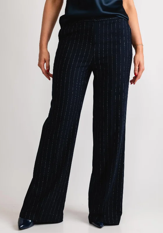 Kate & Pippa Palermo Wide Leg Trousers, Navy Pinstripe Trousers Denim Blue