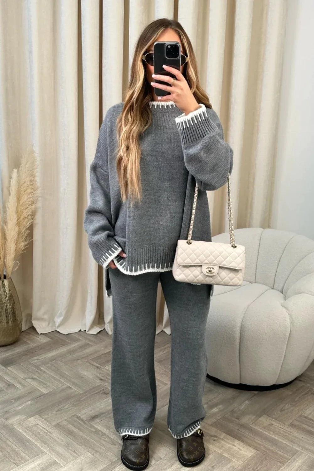 Loose Stripes Women Pants Sweater Set Plaid Sweater Polka Dot Checkered