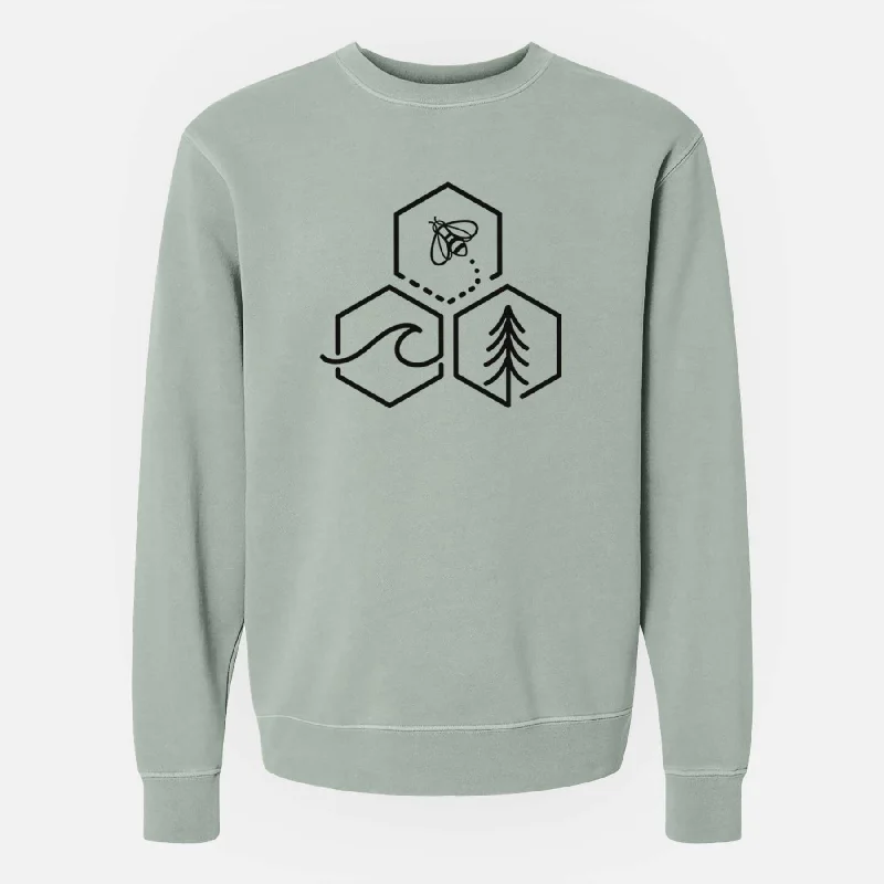 Bee-Sea-Tree Triptych - Unisex Pigment Dyed Crew Sweatshirt Hoodie with Belted Waist Structured Tailored