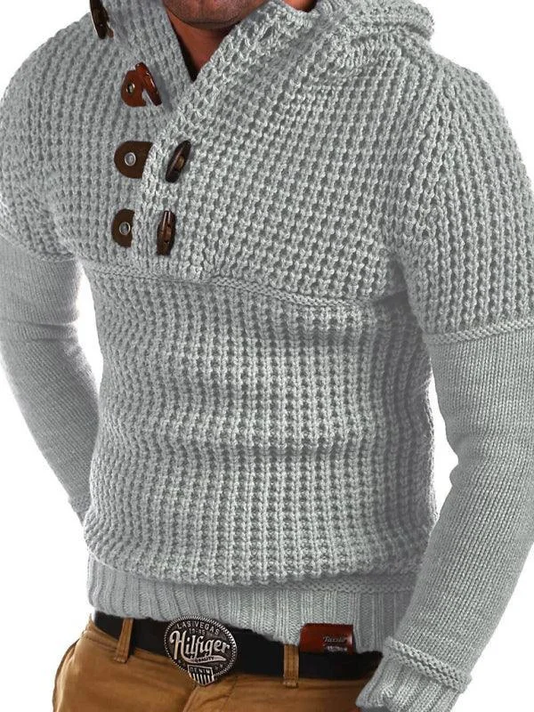Horn Button Hooded Men Pullover Sweater Striped Floral Plaid