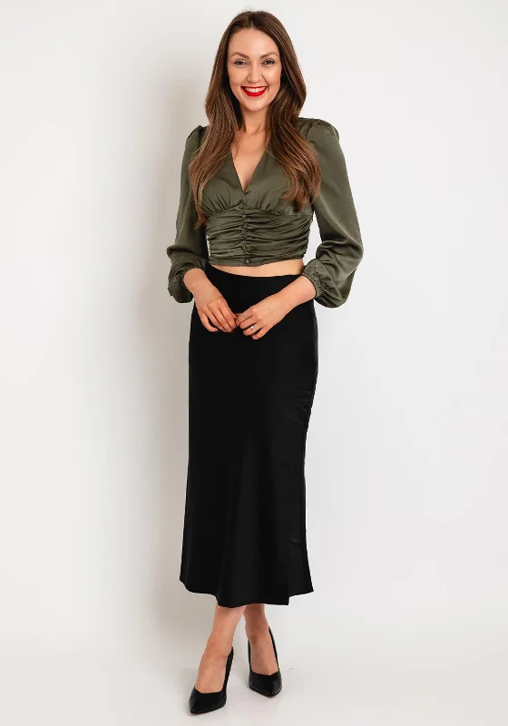 Tiffosi Varius Ruched Crop Top, Khaki Chenille Blend Fleece Blend Nylon Blend