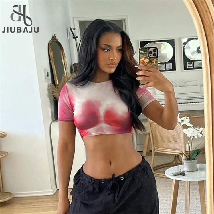 Fashion Women Tie Dye Print O Neck Short Sleeves Crop Top T Shirt Sexy Slim Cyber Casual Club Tee Shirts Spandex Blend Rayon Blend Denim Blend