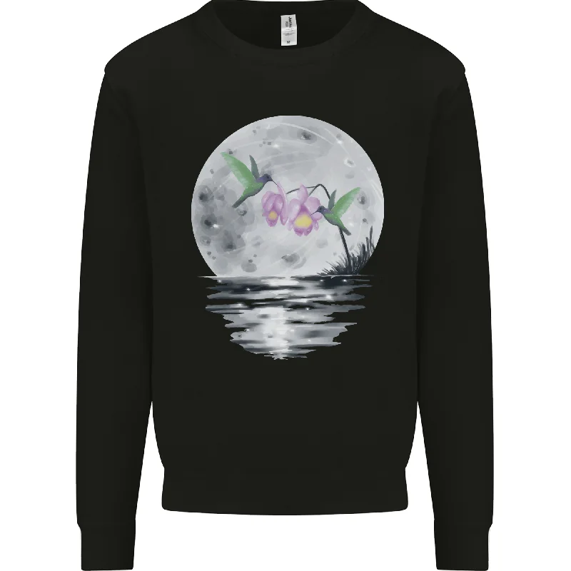Hummingbirds With Moon & Flower Mens Sweatshirt Jumper Hoodie with Batwing Sleeves Loose Dramatic