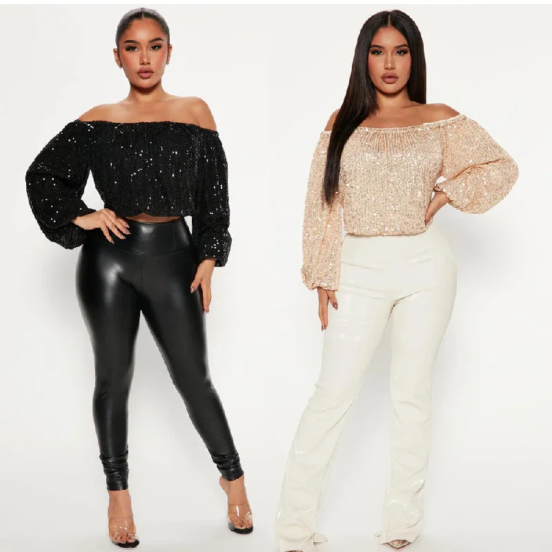 C1104TA21 Dropshipping Sexy Off Shoulder Sequin Crop Top For Ladies Sehe Fashion Real Fur Shearling Chenille