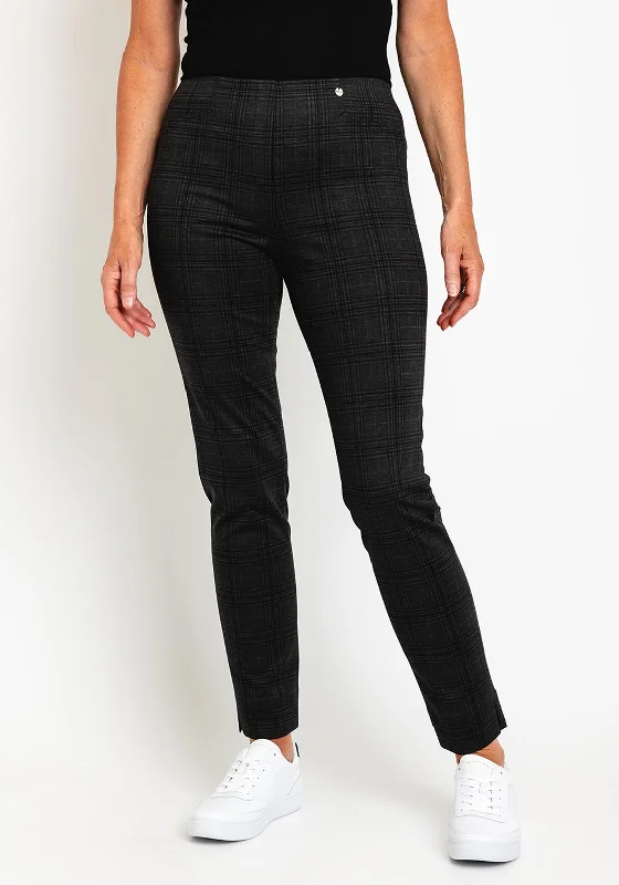 Robell Rose Full Length Checked Print Trousers, Charcoal Grey Trousers Mesh Breathable