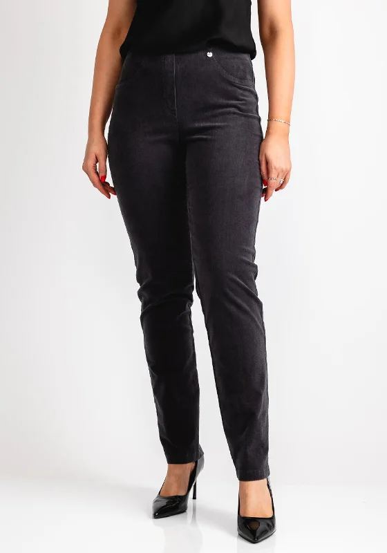 Robell Bella Cord Stretch Slim Leg Trousers, Grey Trousers Custom Made