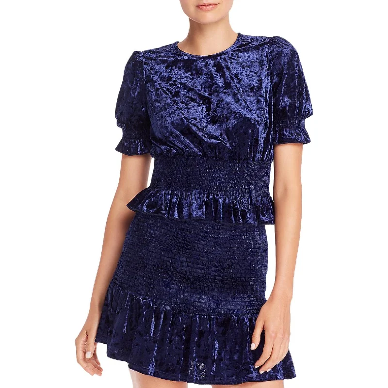 Aqua Womens Velvet Smocked Crop Top Terry Blend Velvet Blend Canvas Blend