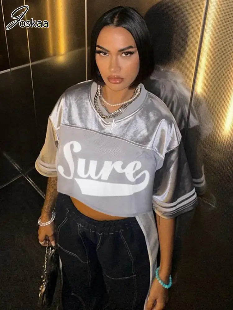 Joskaa Letter Printed Mesh Patchwork Y2K T-Shirts Women Casual V-Neck Short Sleeve Loose Crop Tops Graphic Tees Streetwear Plaid Crop Top Polka Dot Checkered